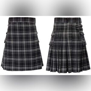 NWOT TRADITIONAL TARTAN KILT BLACK/GRAY. BELT LOOPS, SNAPS ON BOTH SIDES.